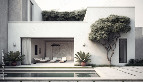 Exterior concept sketch of a modern white minimalist willa in Mexican style; Generative AI