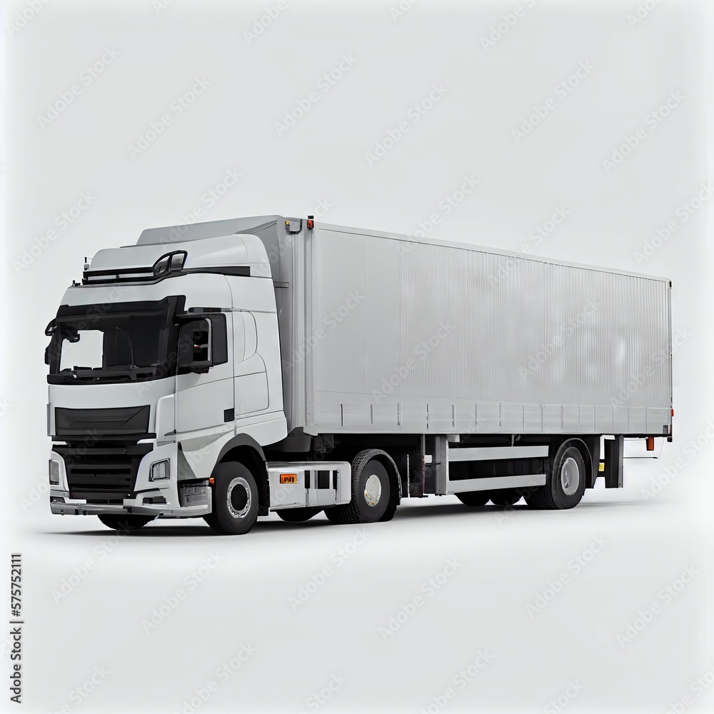 White truck with a trailer on a white background. Generative AI