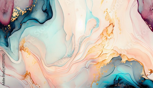 Natural luxury abstract fluid art painting in alcohol ink technique. Tender and dreamy wallpaper. Mixture of colors creating transparent waves and golden swirls. For posters, other printed materials © Borrow or rob?