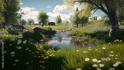 A serene landscape featuring a meadow of colorful flowers and trees in full bloom, on a bright spring day. Generative AI