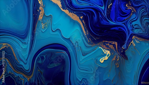 Hand painted background with mixed liquid blue and golden paints. Abstract fluid acrylic painting. Modern art. Marbled blue abstract background. Liquid marble pattern 