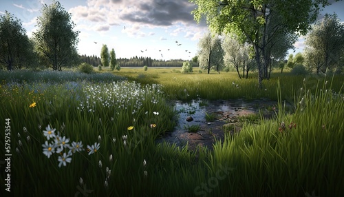A stunning spring meadow with tall grass, wildflowers, and a bright blue sky. Generative AI