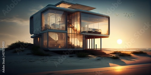 Modern house with panoramic windows on the beach. Modern beach house design. Modern architecture. Beach house. Generative AI. © andrenascimento