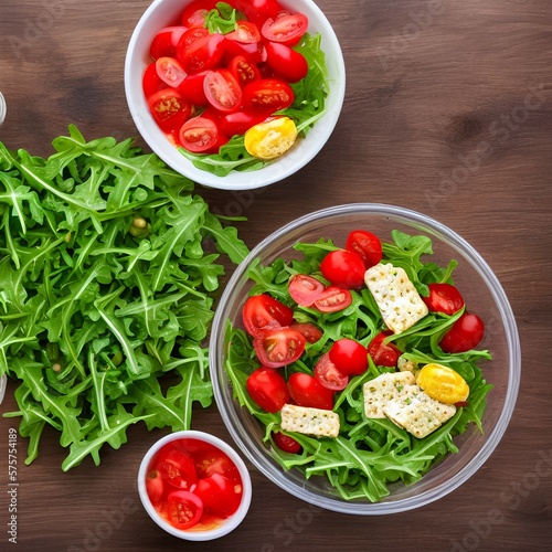 Fresh salad made of tomato, ruccola, chicken breast, arugula, eggs, crackers and spices. Caesar salad in a white, transparent bowl on wooden background - generative ai