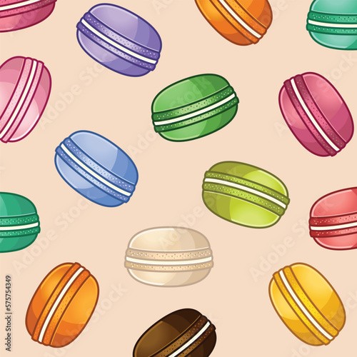 Dessert french macaroons or macaron. Seamless vector pattern for paper, wrapping, fabrics. cartoon flat design illustration art pastel colors on colorful background.