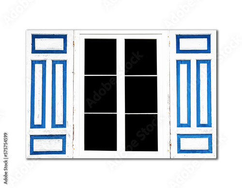 Wooden window village cottage house. Architecture texture. Blue paint open window shutters. Object isolated on white window. Empty copy space rustic window frame background.