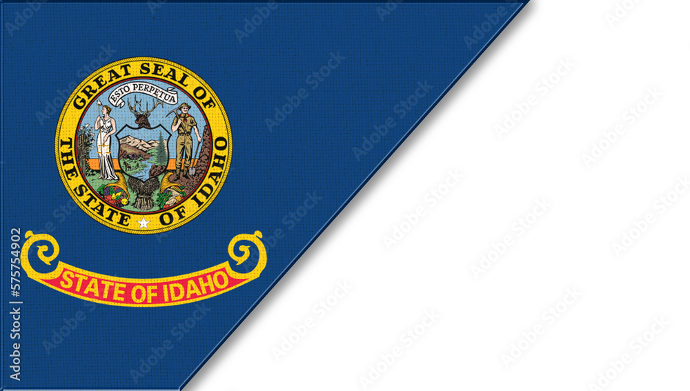 Flags of Idaho and copy space on fabric surface. White background and Idaho flag Flags of Idaho and copy space on fabric surface. White background and Idaho flag