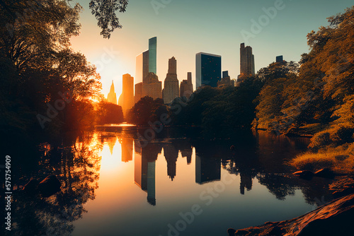 Central park in New York City. River in Central Park  Manhattan  New York. Parks in NYC. River in town on sunset. View on buildings and skyscrapers from central park NYC. Ai Generative illustration.