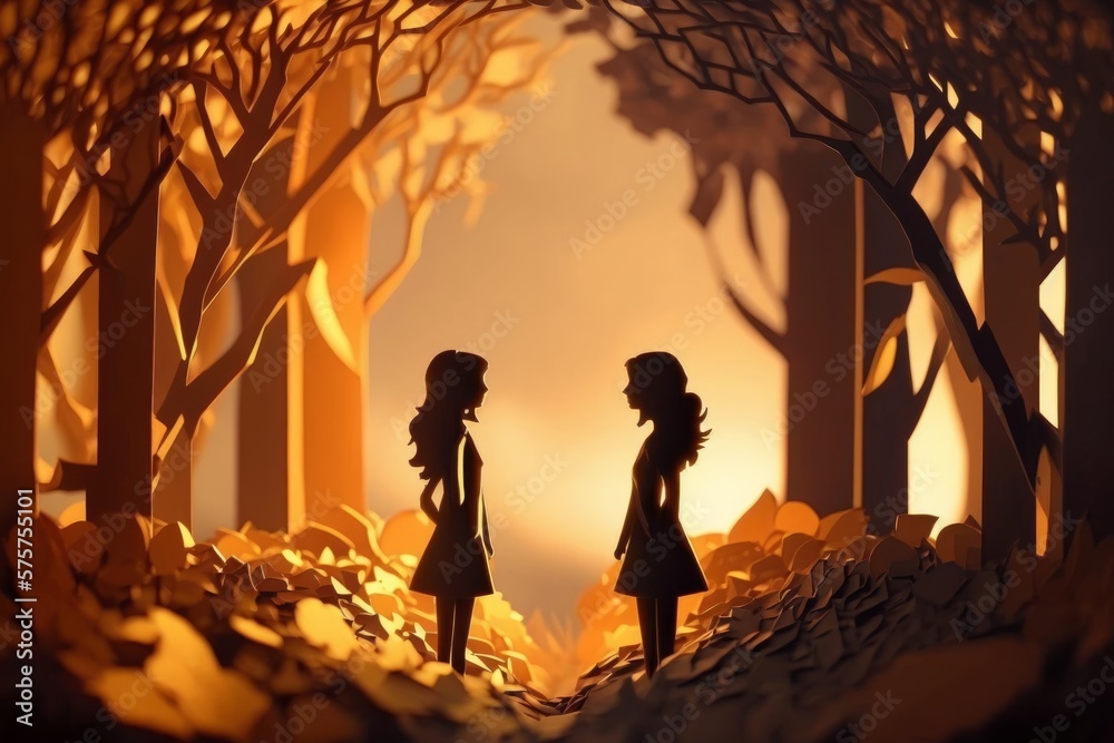 paper crafting cut style of a couple of girls in love at sunset, golden hour, Generative AI