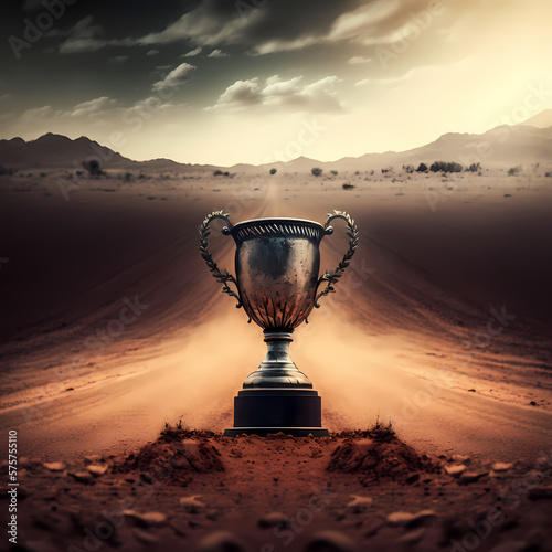 trophy cup with dirty road background. Generative AI