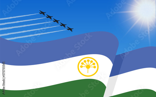 Flag of Bashkortostan and a fighter plane formation flying in the sky. Independence day Bashkortostan. Military aviation in the blue sky. Vector illustration