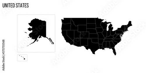 United States of America political map of administrative divisions - states and federal district Washington, D.C. Blank black map and country name title.