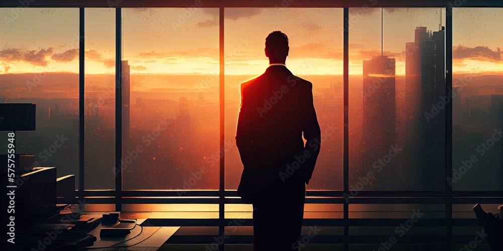 Businessman on the coast, in his office in a high-rise building, looking straight ahead at sunrise. Generative AI. Businessman on the coast, in his office in a high-rise building, looking straight ahead at sunrise. Generative AI.