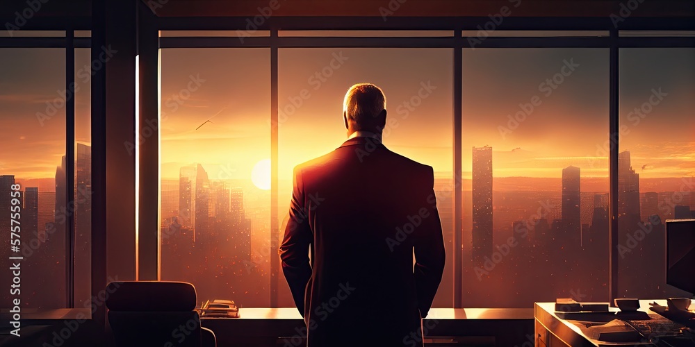 Businessman on the coast, in his office in a high-rise building, looking straight ahead at sunrise. Generative AI. Businessman on the coast, in his office in a high-rise building, looking straight ahead at sunrise. Generative AI.