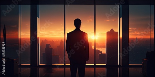 Businessman on the coast, in his office in a high-rise building, looking straight ahead at sunrise. Generative AI. © andrenascimento
