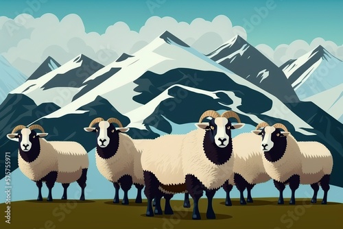 illustration cartoon, flock of sheep and snow mountains, generative ai