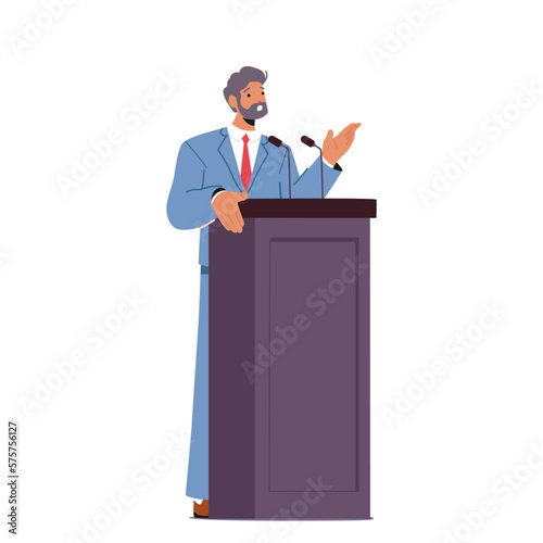 Mature Male Character Give Speech From Tribune Addressing A Crowd Of Listeners With Passion And Intensity