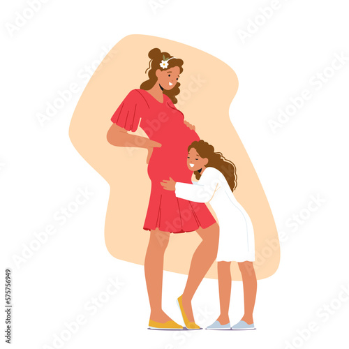Young Daughter Character Tenderly Holds Her Expectant Mothers Belly With Look Of Joy And Affection On Face