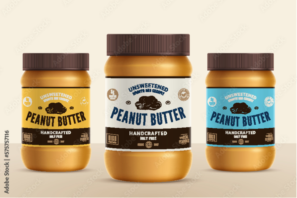 Peanut butter jars with labels. Peanut butter packaging design concept