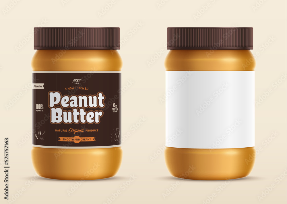 Peanut butter glass jar mockup with a label. Food label design Stock