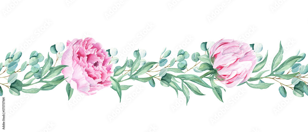 Obraz premium Horizontal watercolor floral seamless border pattern. Pink peonies, eucalyptus. Hand drawn botanical illustration. Can be used for fabric, packaging prints, frames, adhesive tape and paper design.