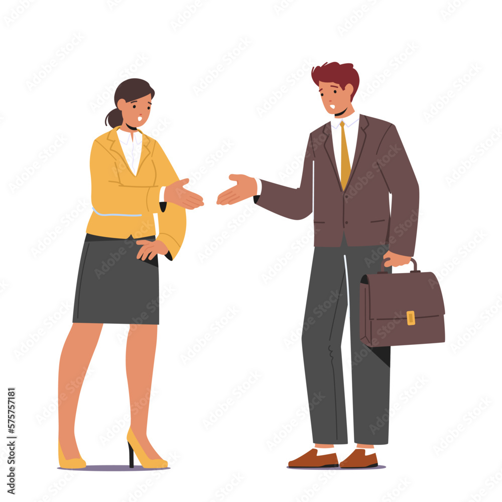 Man And Woman Characters Shaking Hands Engaging In Conversation, Chatting As Colleagues, Building Connection