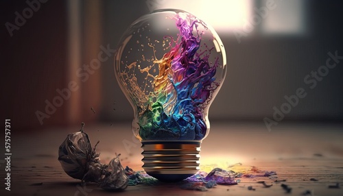 Creativity cocnept, with lightbulb made from oil paint mix. Generative AI
