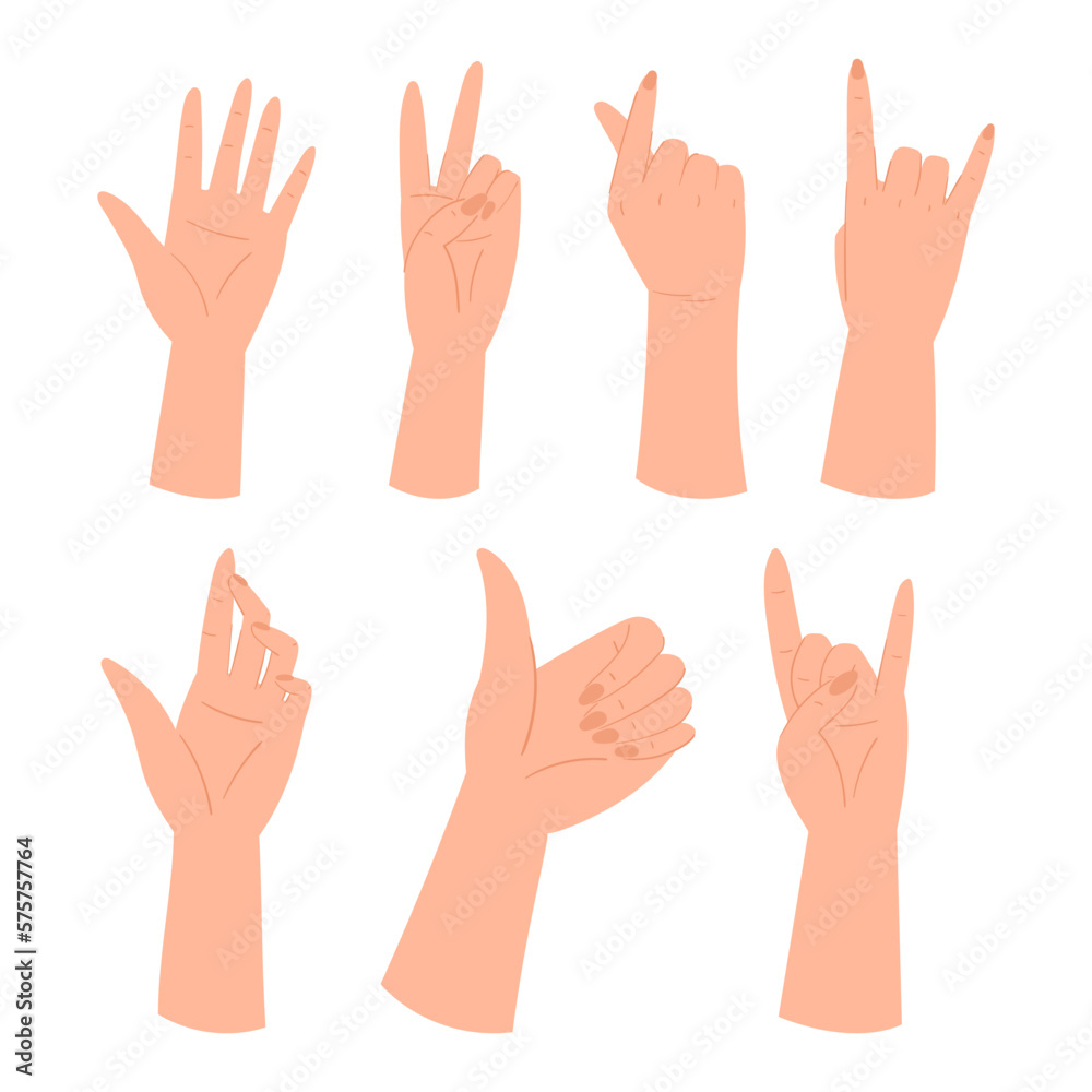 Set Of Hand Different Gestures, Open Palm, Victory, Finger Heart Symbol, Thumb Up or Rock. Arm Signaling, Convey Message Set Of Hand Different Gestures, Open Palm, Victory, Finger Heart Symbol, Thumb Up or Rock. Arm Signaling, Convey Message
