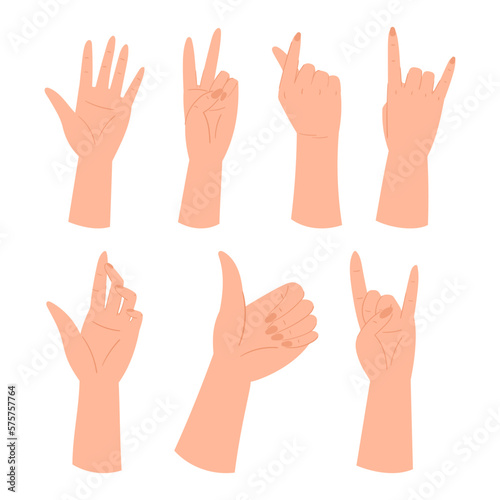 Set Of Hand Different Gestures, Open Palm, Victory, Finger Heart Symbol, Thumb Up or Rock. Arm Signaling, Convey Message