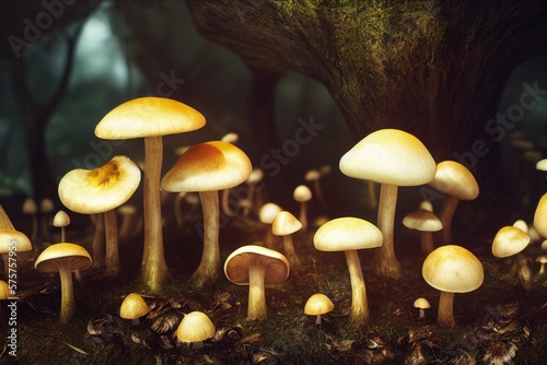 Magical Forest Scene with a Cluster of Glowing Mushrooms Under an Ancient Tree