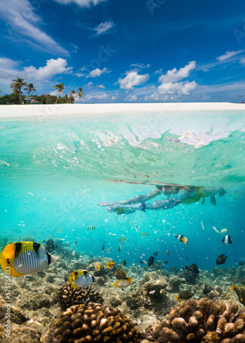 woman snorkeling in clear tropical water with exotic fish © Melinda Nagy