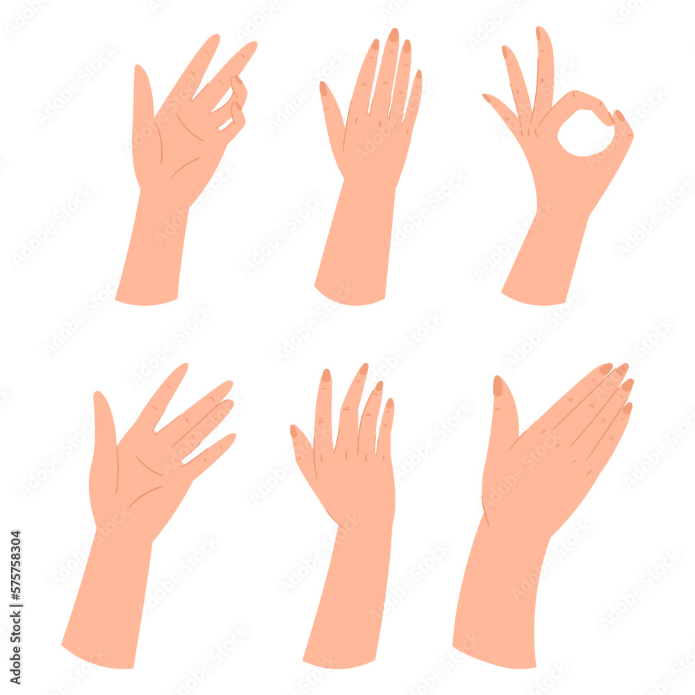 Set Of Hands Making Different Gestures, Arm Showing Ok Sign, Open Palm Waving, Signaling Something To The Viewer Set Of Hands Making Different Gestures, Arm Showing Ok Sign, Open Palm Waving, Signaling Something To The Viewer