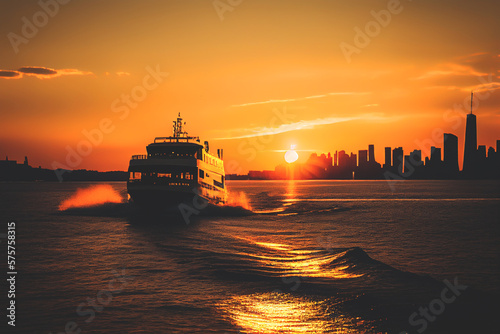 Hudson River in Manhattan, New York on sunset. Manhattan Skyline. NYC Boat Tour and Cruise sailing on Hudson river. Cityscape skyline with buildinds and skyscrapers. Ai Generative illustration.