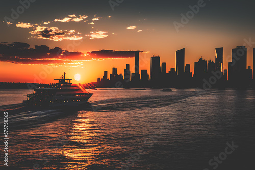 Hudson River in Manhattan, New York on sunset. Manhattan Skyline. NYC Boat Tour and Cruise sailing on Hudson river. Cityscape skyline with buildinds and skyscrapers. Ai Generative illustration.
