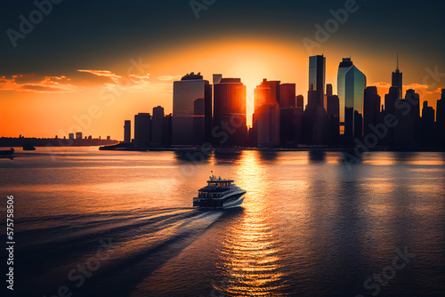 Hudson River in Manhattan, New York on sunset. Manhattan Skyline. NYC Boat Tour and Cruise sailing on Hudson river. Cityscape skyline with buildinds and skyscrapers. Ai Generative illustration. photo