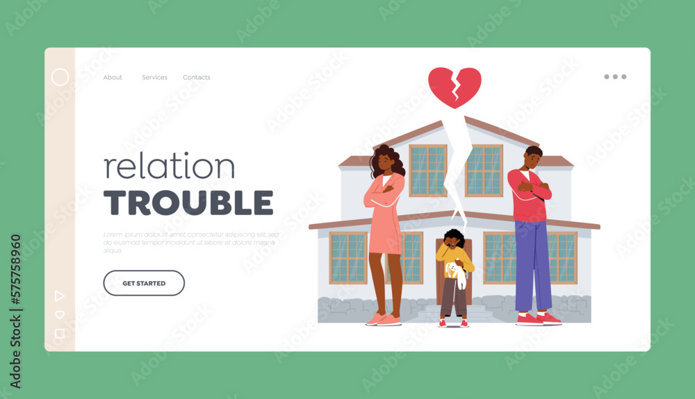Relation Trouble Landing Page Template. Heartbreaking Situation child Witnessing Marital Separation Vector Illustration