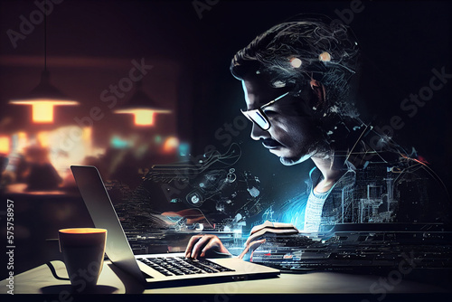 AI hologram with man working on computer on background. Chatbot. High tech concept. Multi exposure.