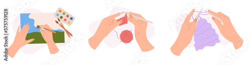Set Of Hands Painting And Knitting Top View, Female Character Arms Gaining Creative Classes, Diy Hobby, Craft