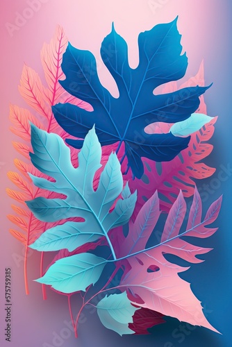 illustration  pink and blue transparent leaves on bright background  ai generative