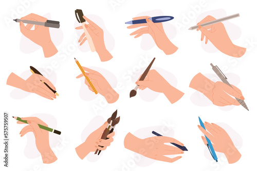 Set Of Human Hands Holding Various Writing Tools Such As Pencil, Pen Or Marker, Quill Pen And Paintbrush