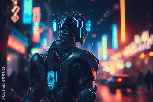 Cyberpunk robot walking down the street evening neon lights. Digital humanoid patrol digital illustration of science fiction military robot warrior patrolling night time dystopian streets. 