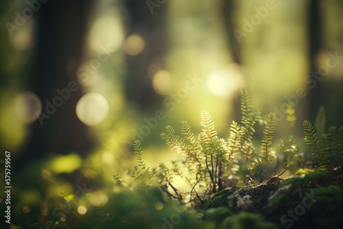 Background with forest plants and moss. Green floral background. Generative AI.