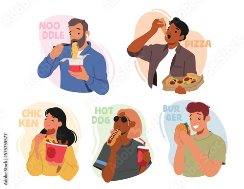 Set of Male and Female Characters Indulging In Fast Food, Men and Women With Burger, Fries, Noodles, Nuggets or Hot Dog