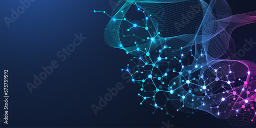 Molecular abstract structure and genetic engineering, healthcare and medicine background. Scientific research background. Wave flow, innovation pattern. Vector illustration.