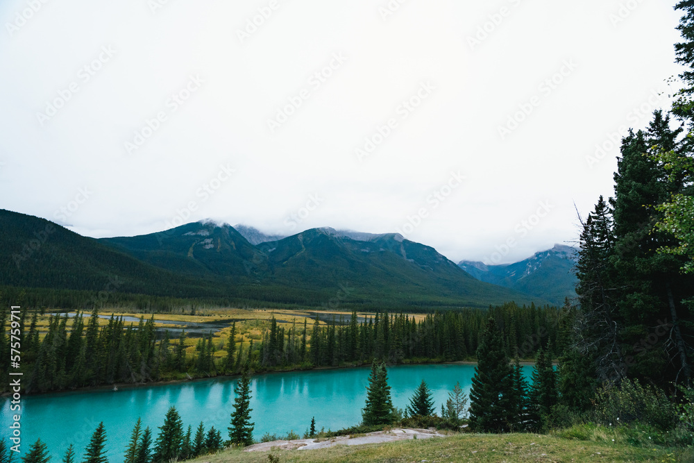 Bow River and Rocky Mountains from Backswamp Viewpoint in Banff National Park Bow River and Rocky Mountains from Backswamp Viewpoint in Banff National Park