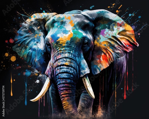 Elephant in multi-colored paints on a colored background. Generative AI.