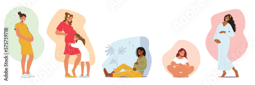Set of Joyful Pregnant Women With Beaming Smiles, Radiating A Sense Of Happiness And Contentment. Beauty Of Pregnancy