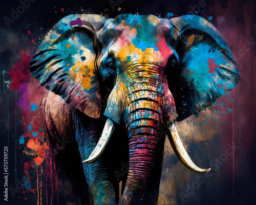 Elephant in multi-colored paints on a colored background. Generative AI. 