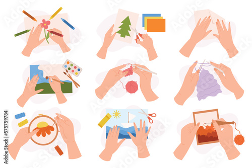 Set Of Hands Creative Classes. Painting, Cutting Colored Paper, Folding Paper Sheet For Origami, Knitting, Embroider