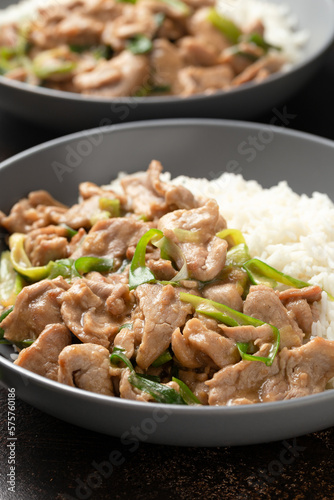 Chinese stir fry pork with ginger sauce, garlic and spring onion. Asian food